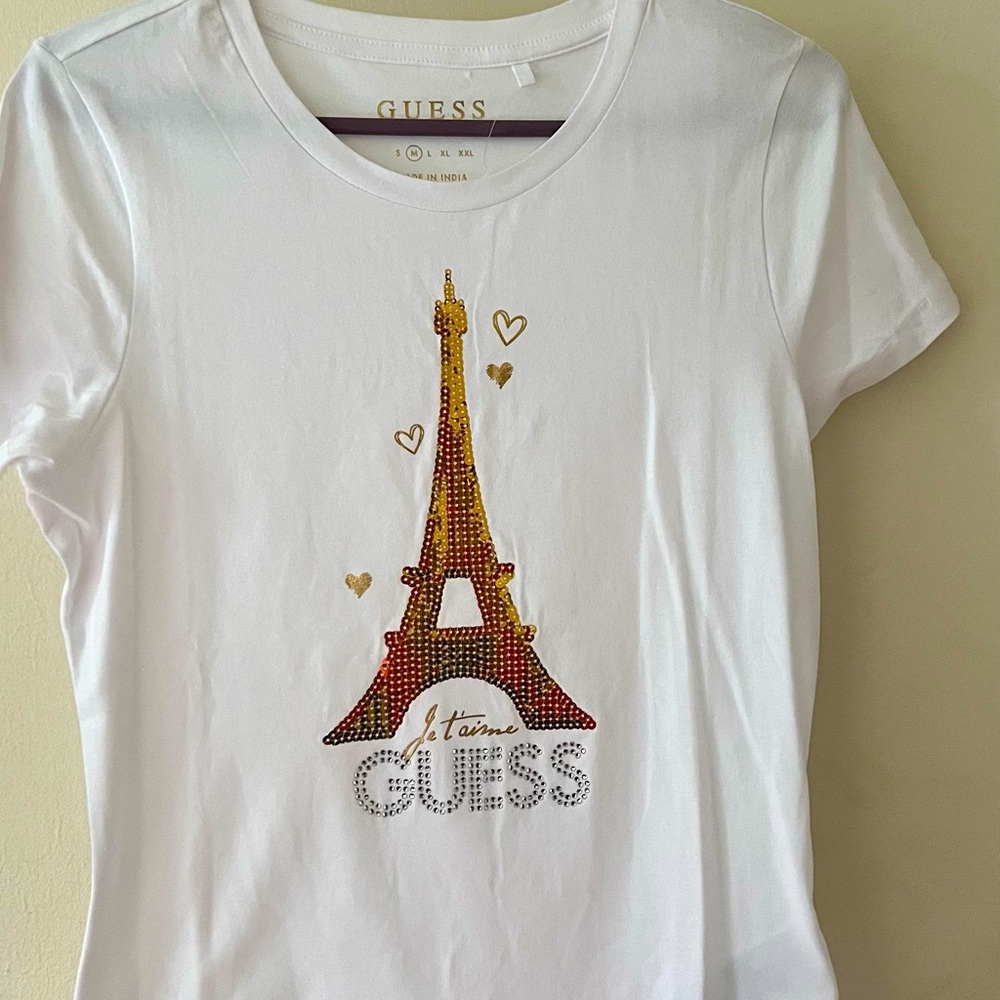 Guess White Tee with Eiffel Tower Design